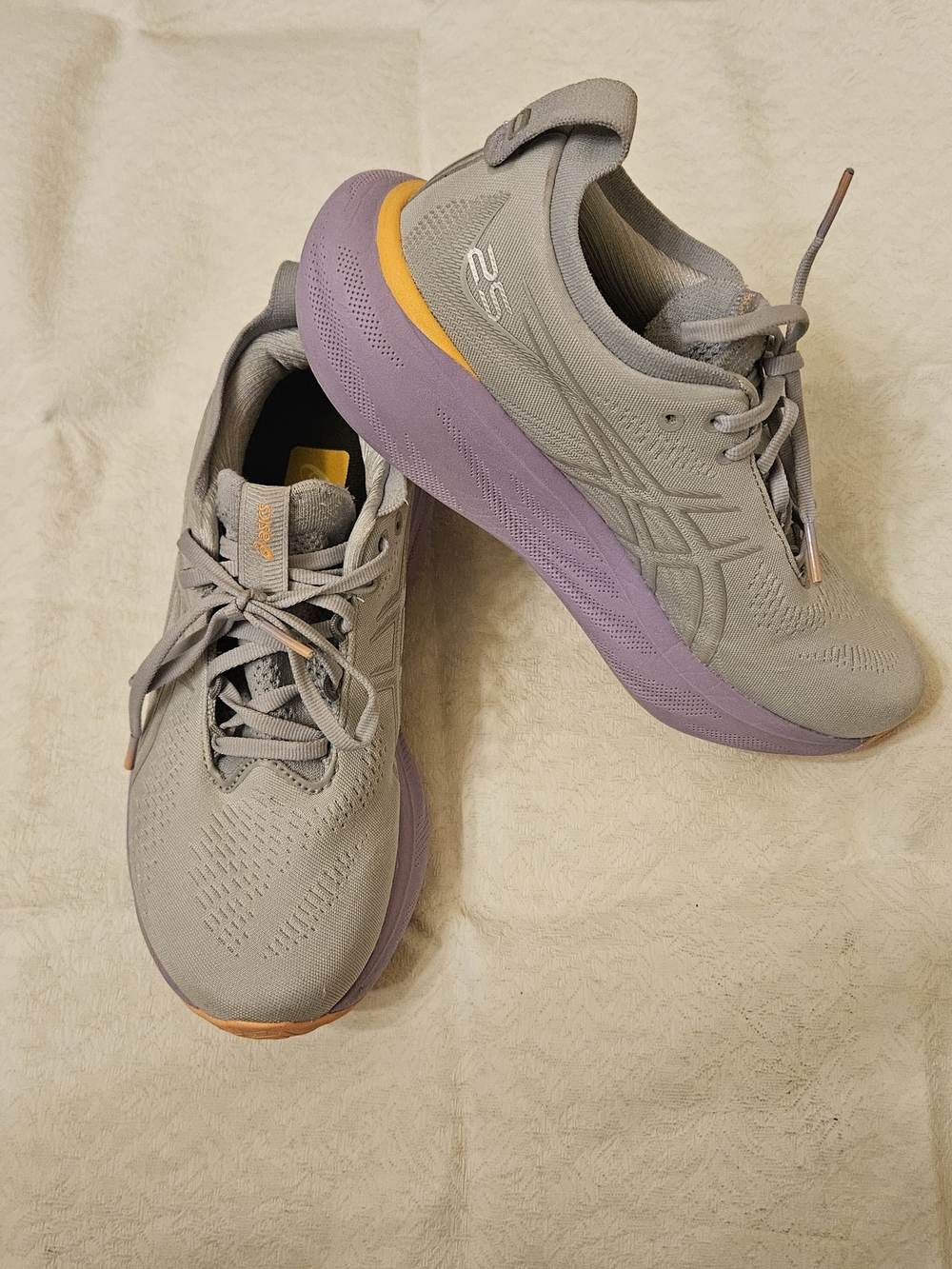 Asics Light Gray Running Shoes with Lavender Midsole and Yellow Accent